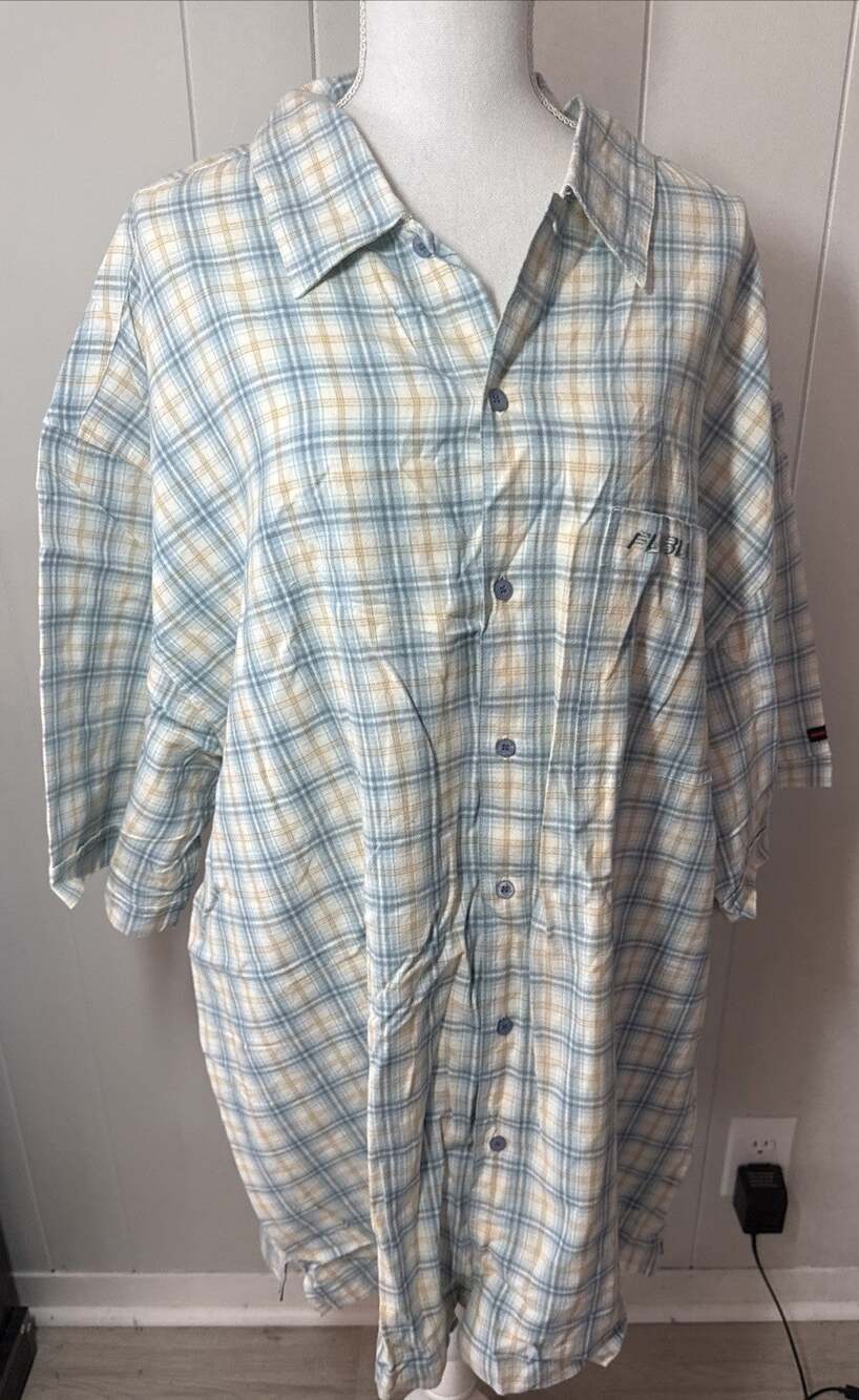 Vintage FUBU Plaid Button Front Shirt Mens 3X Blue Yellow Short Sleeve Logo RR